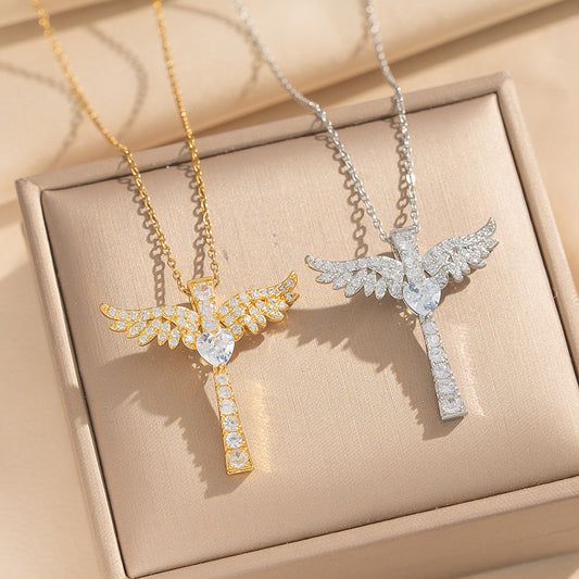 Collana con ciondolo a croce di lusso in rame placcato oro con intarsio di zirconi su catena a O, per unisex