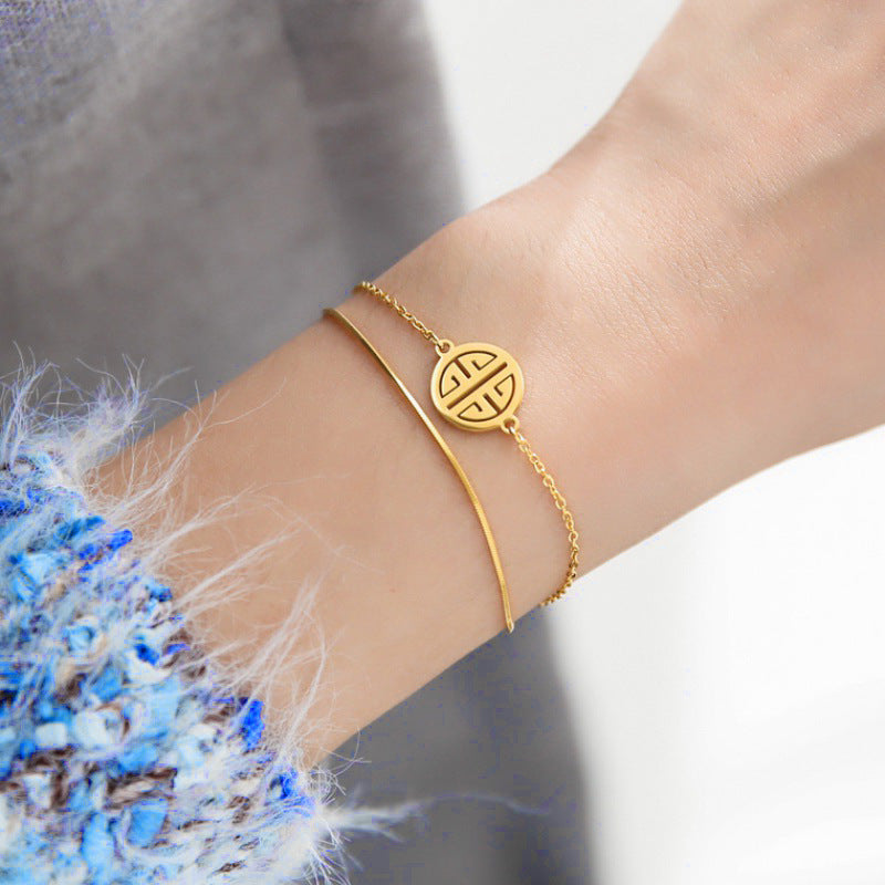 Vintage-Inspired Double-Layer Lucky Fu Character Bracelet for Women in Titanium Steel with Vacuum Plating and Geometric Circle Design