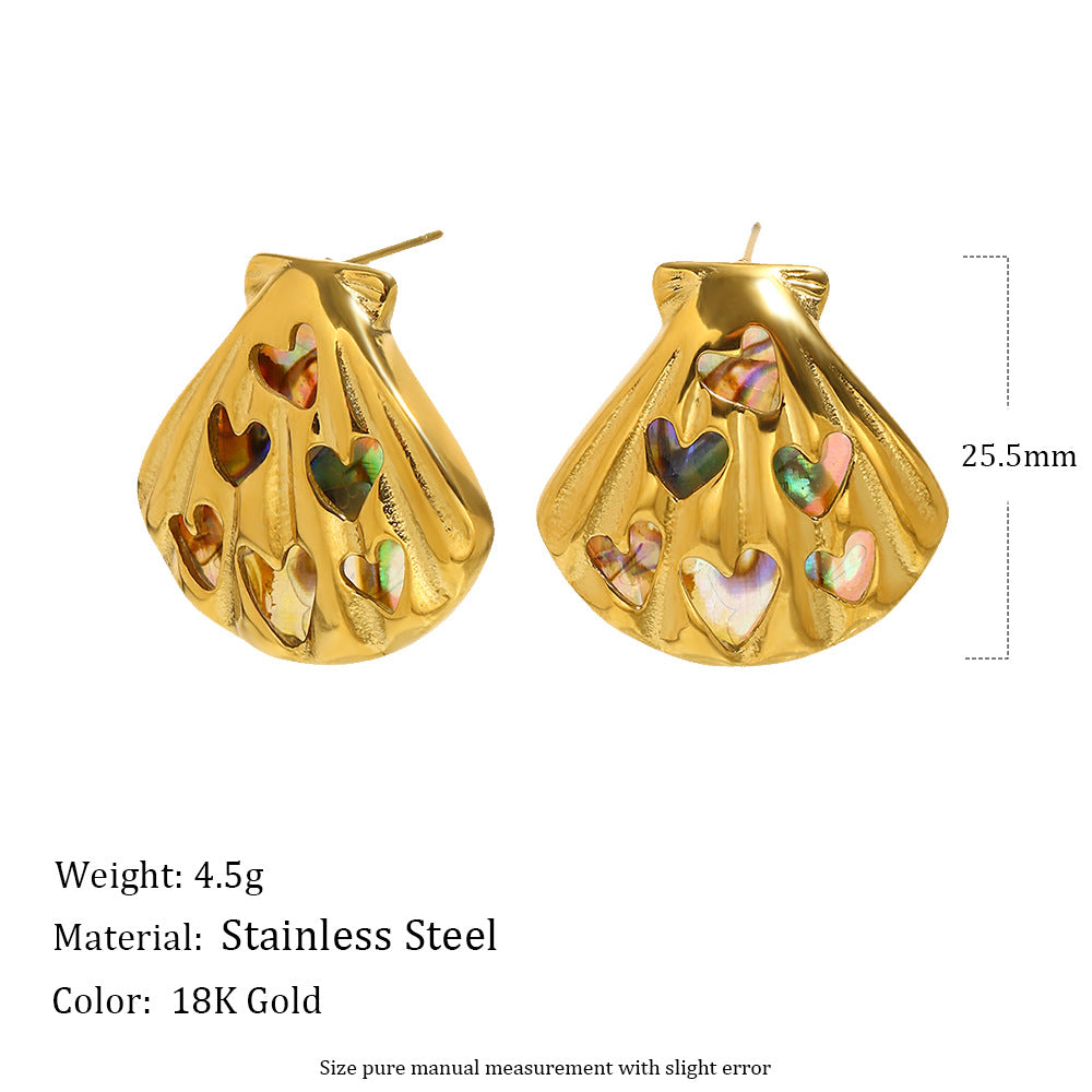 Pendientes de concha de abulón bañados en oro de 18 quilates de acero inoxidable con diseño de corazón geométrico minimalista elegante
