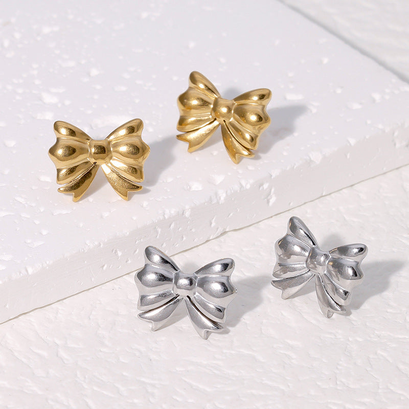 Minimalist Bow-Shaped Titanium Steel Earrings with 18K Gold Plating for Women — Hypoallergenic Stainless Steel Studs, Lightweight Luxury Design