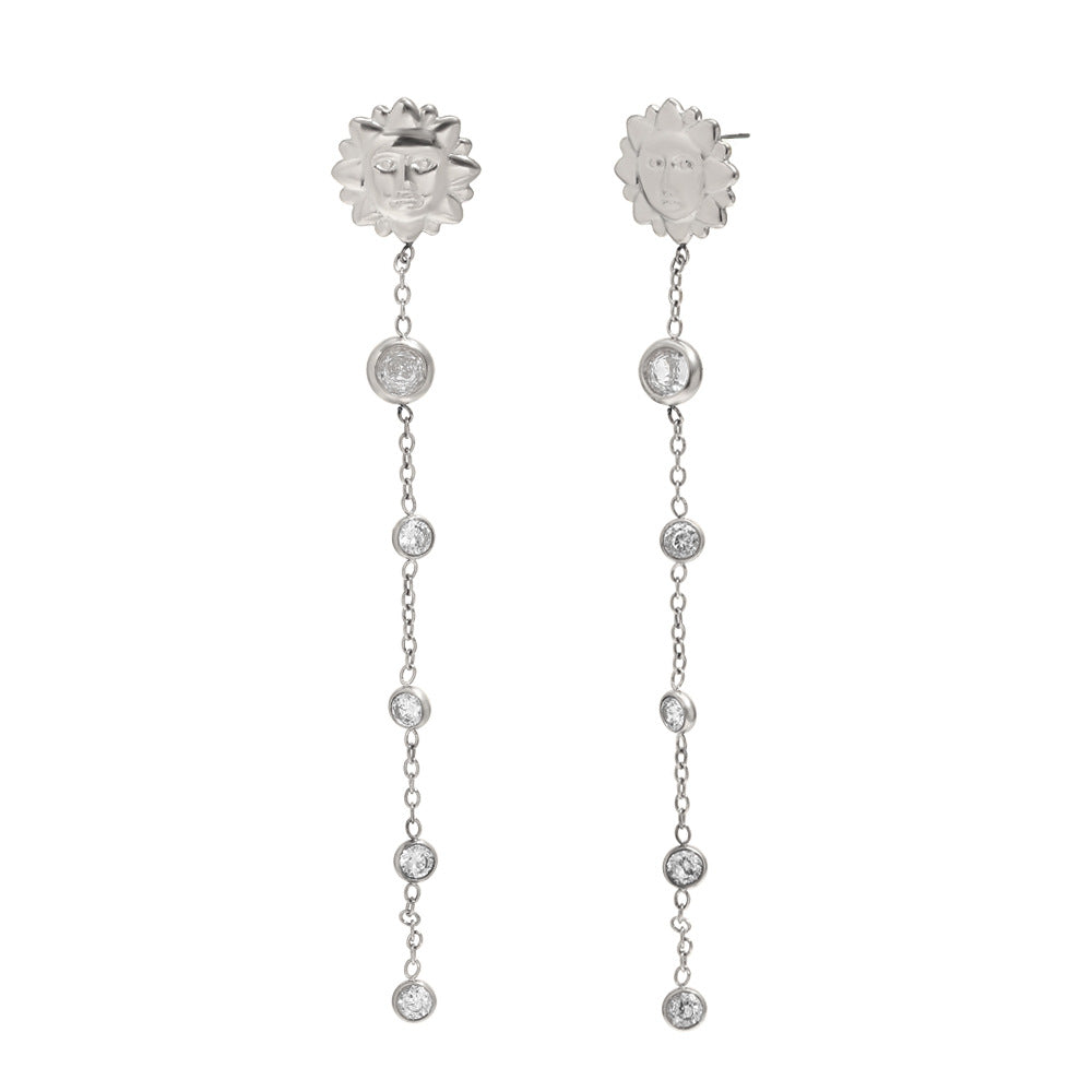 Minimalist 18K Gold Plated Stainless Steel Geometric Round Cubic Zirconia Sun Tassel Earrings