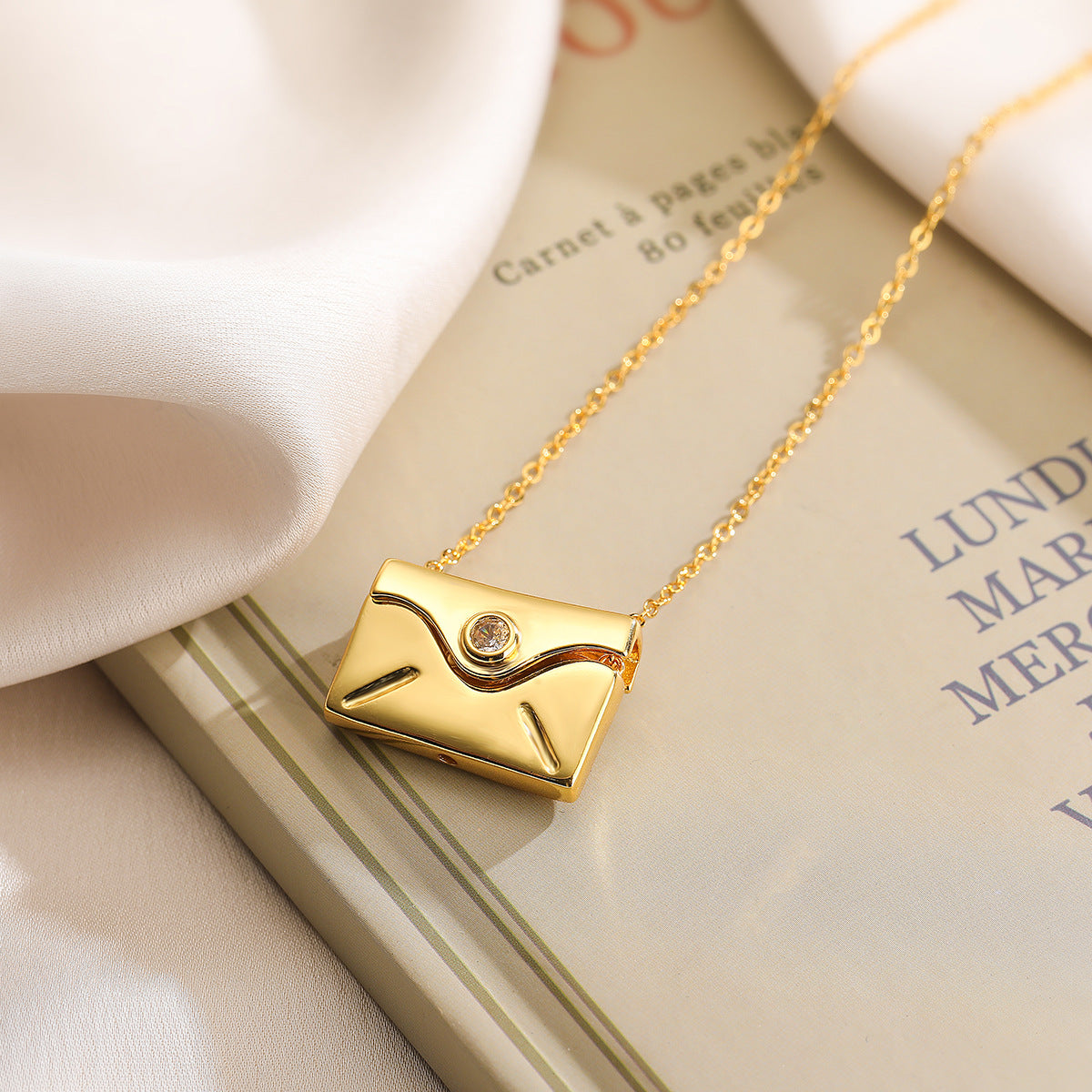 Minimalist Geometric Envelope Pendant Necklace for Women with Copper Base and Real Gold Plating Adjustable Locket Chain