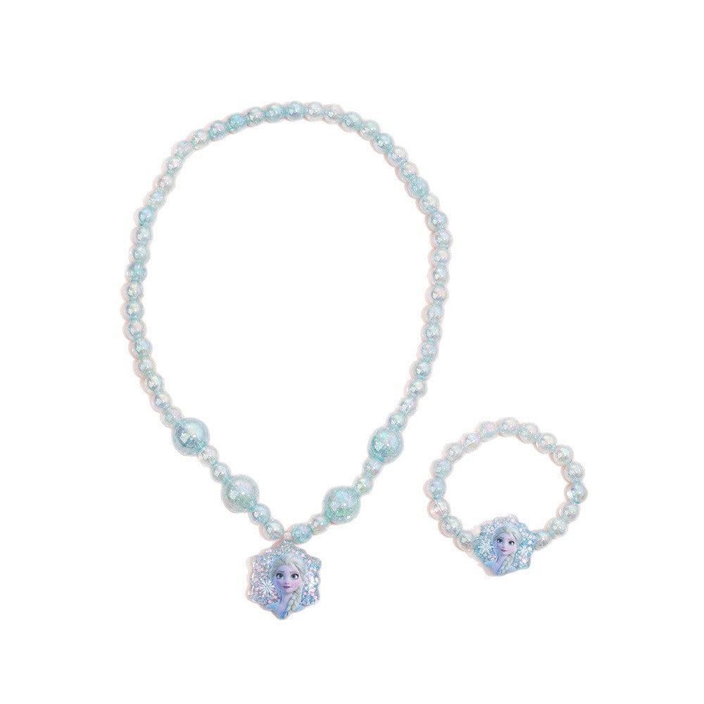 Cartoon Elsa Princess Necklace Set for Kids with Resin Pendant on Beaded Chain Adjustable for Ages 0-10 Years