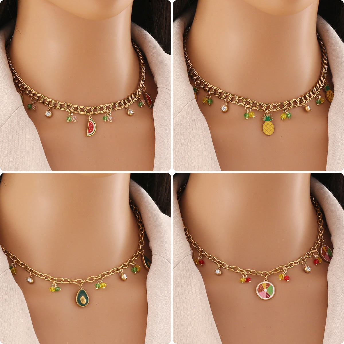 Collana da donna con ciondolo a forma di frutta in acciaio inossidabile, design ananas, anguria e avocado, catena cubana elettrodeposta, stile Fashion OL