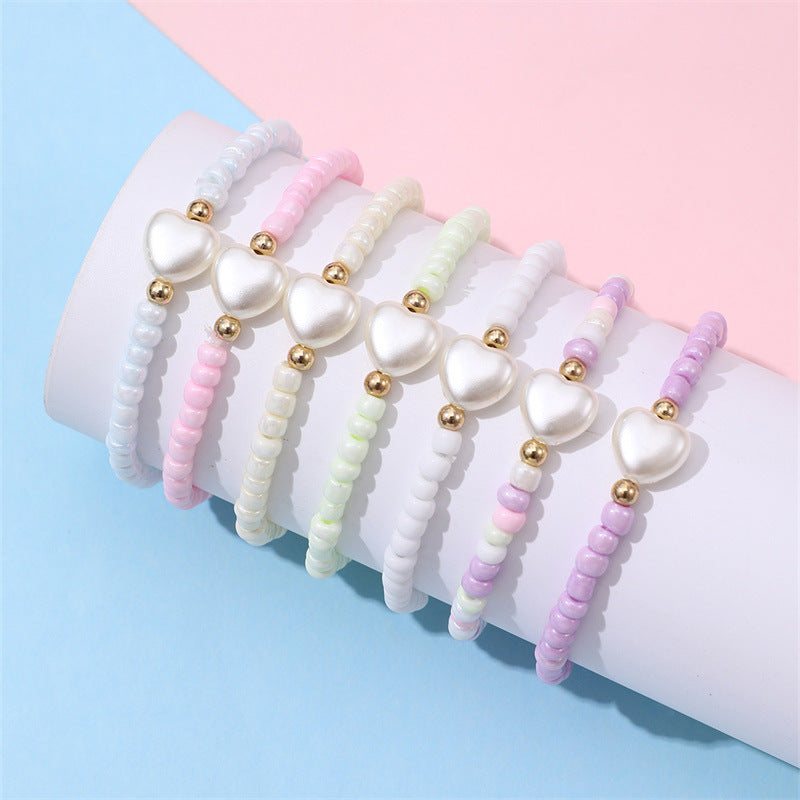 Juego de pulseras de resina plástica con forma de corazón, minimalistas, para niños, hechas a mano con cuentas de colores