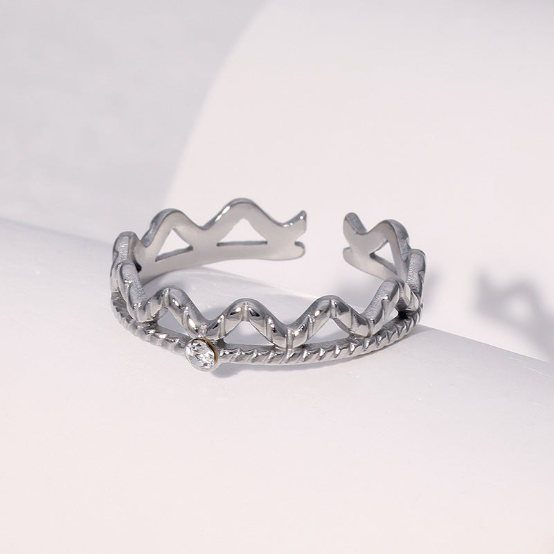 Minimalist Geometric Stainless Steel Open Ring for Women with Rhinestone Inlay and Plated Finish