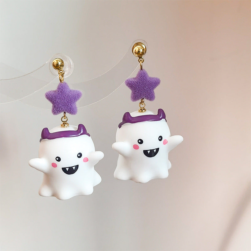 Lindos pendientes de resina con forma de fantasma para mujer con diseño de personaje de dibujos animados en estilo estético dulce