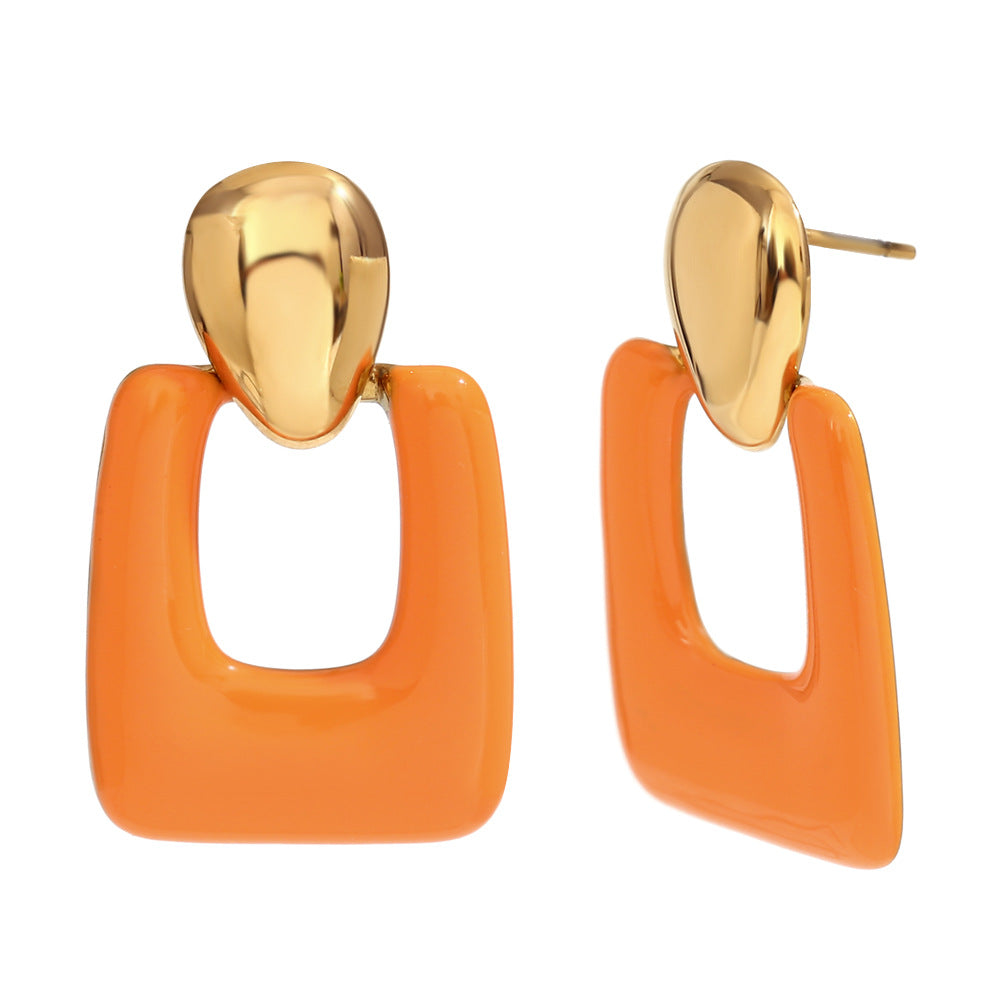 Fashionable Minimalist Geometric Stainless Steel Earrings with 18K Gold Plating and Enamel Coloring
