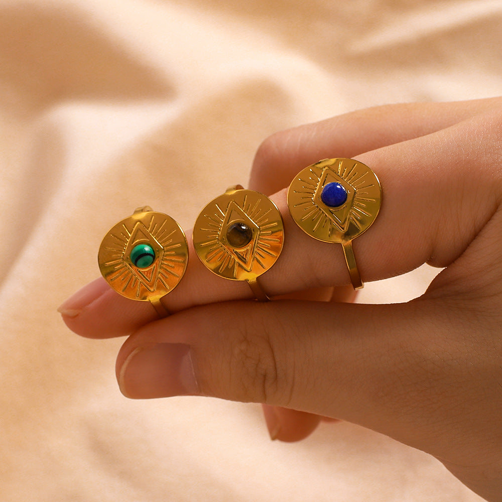 Anello Vintage Acciaio al Titanio con Occhio Greco e Strass, Forma Geometrica per Uomo e Donna