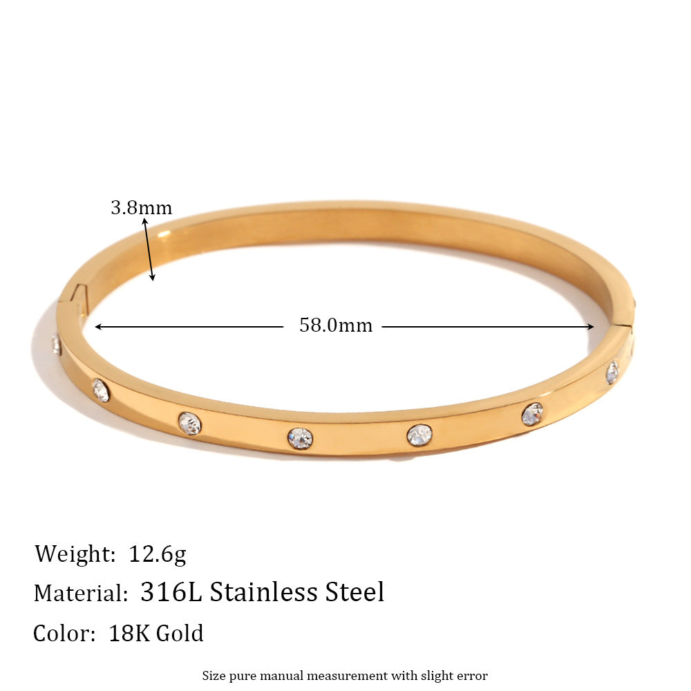 Bracciale Minimalista Geometrico in Acciaio Inossidabile con Placcatura in Oro 18K Finitura Oro Rosa e Accenti in Zirconia Rotonda