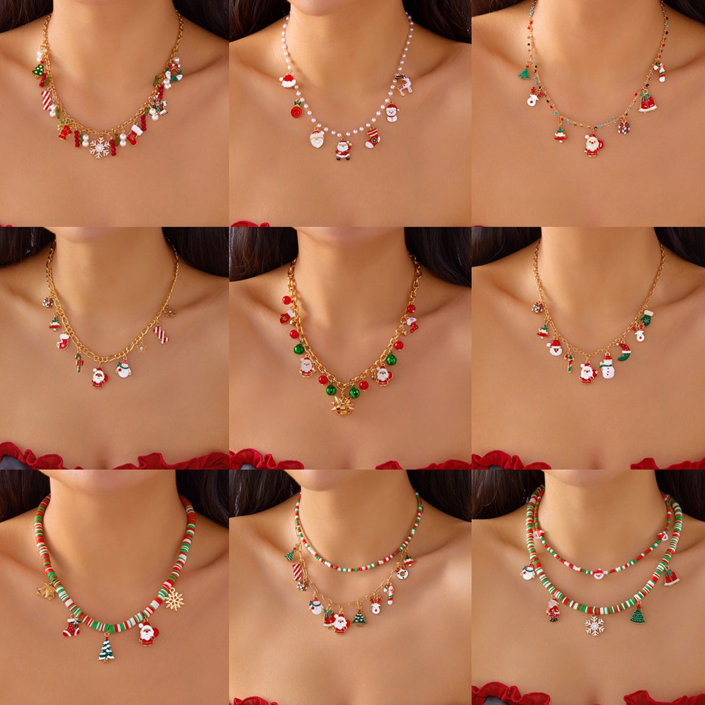 Collana pendente alla moda Babbo Natale e pupazzo di neve per donne con struttura in lega di zinco e finitura placcata