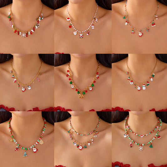Collana pendente alla moda Babbo Natale e pupazzo di neve per donne con struttura in lega di zinco e finitura placcata