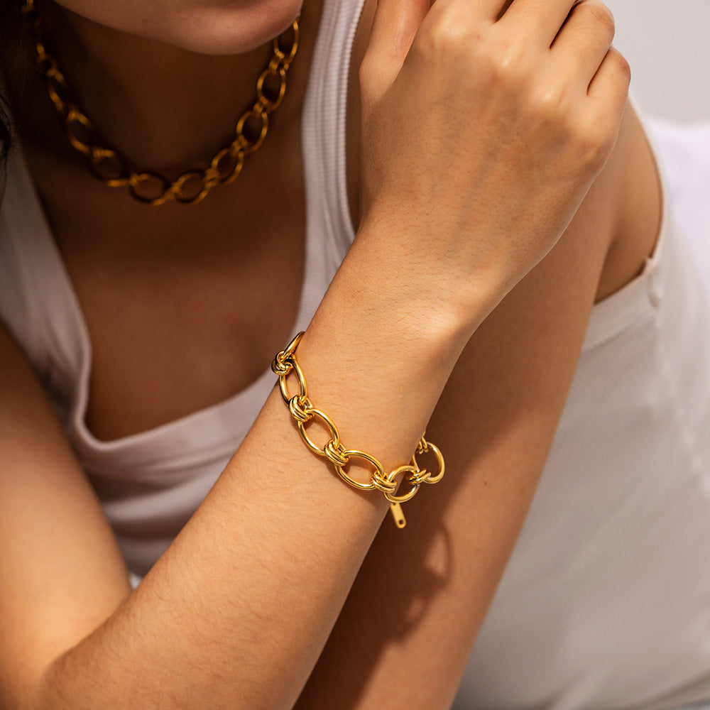Trendy Geometric Circle 18K Gold Plated Stainless Steel Chunky Chain Bracelet for Women