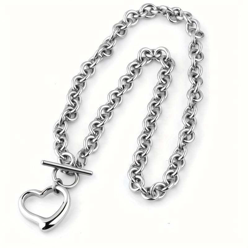 Minimalist Hollow Heart Titanium Steel Necklace with Polished Finish and Wavy Chain for Women