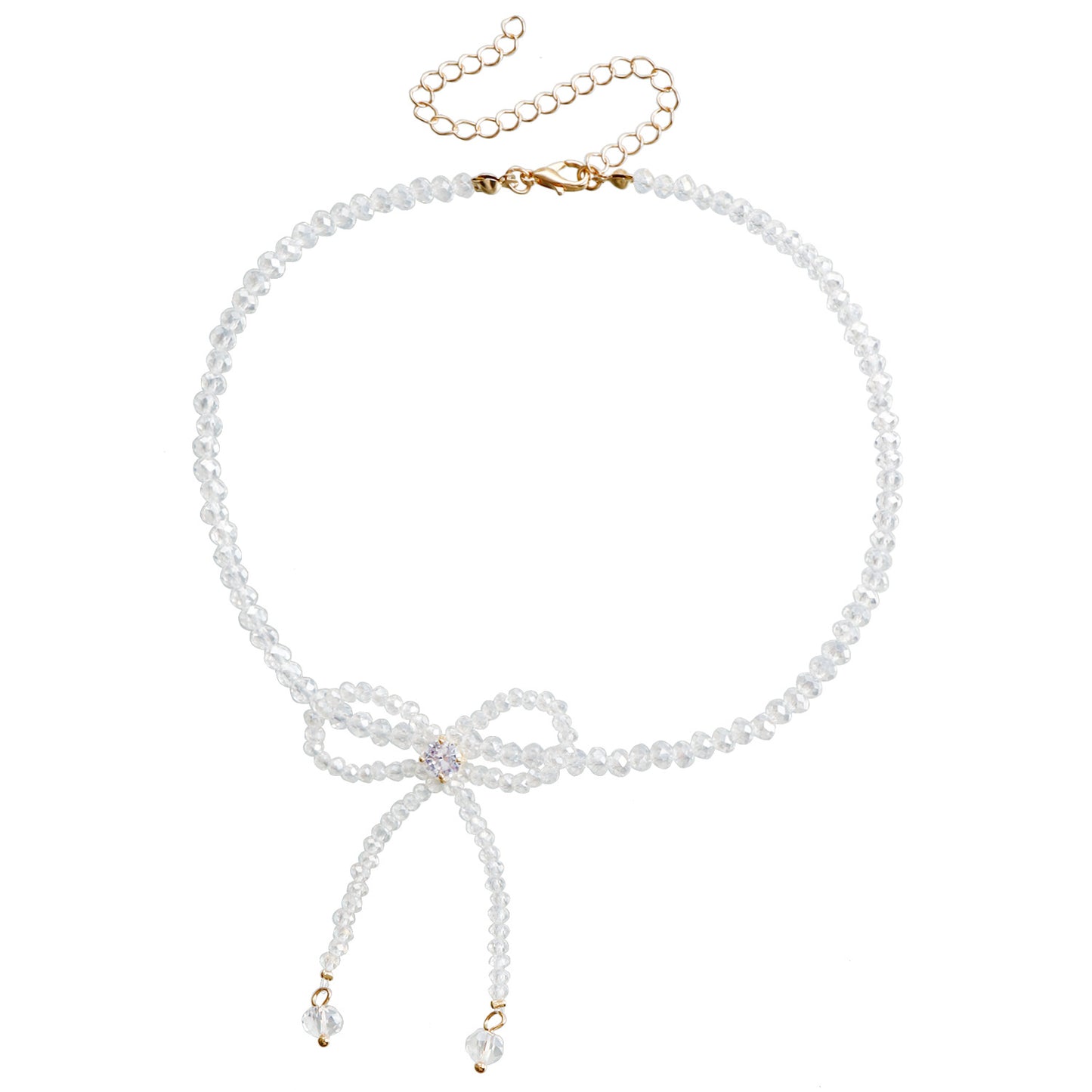 Fashion Minimalist Bow-Shaped Choker Necklace with Black Crystal Beads and Alloy Pendant on Plated Chain