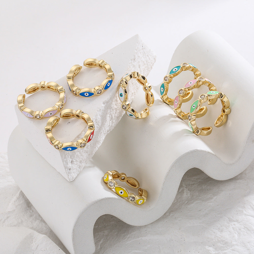 Minimalist Geometric Copper Ring with 18K Gold Plating and Enamel Eye Detail for Women