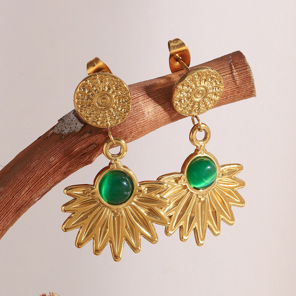 Minimalist Geometric Stainless Steel Earrings with 18K Gold Plating and Vintage Green Agate Pendant
