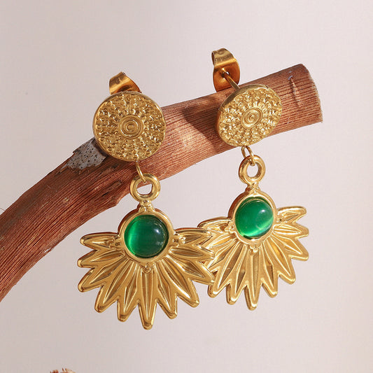 Orecchini Minimalisti Geometrici in Acciaio Inossidabile con Placcatura in Oro 18K e Ciondolo Vintage in Agata Verde