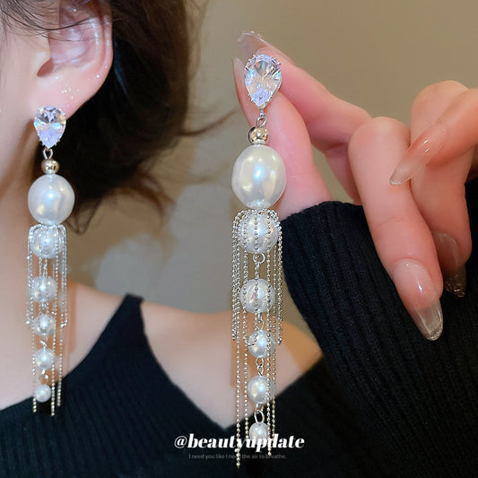 Elegant French-Style Pearl Stud Earrings with Zircon Accents and Fringe Detail for Women, Geometric Shape, Plated Steel Posts, Luxury Minimalist Design