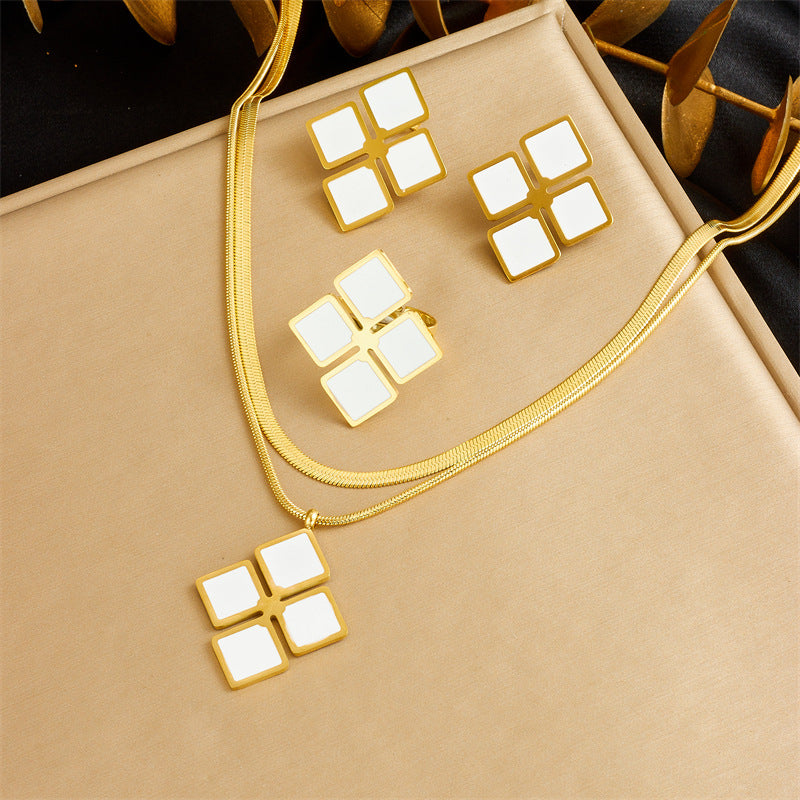 Set di collana, anello e orecchini a strati geometrici quadrati in acciaio inossidabile, lusso minimalista