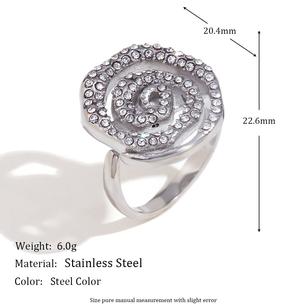 Minimalist Geometric Spiral Open Ring for Women in Stainless Steel with 18K Gold Plating and Full Rhinestone Inlay