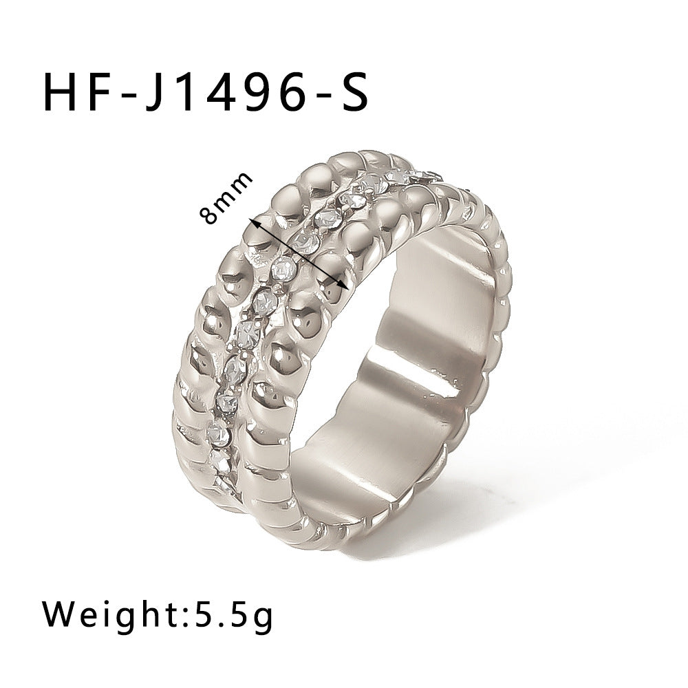 Minimalist Star Heart Geometric Stainless Steel Ring with Zirconia Inlay and 18K Vacuum Plating for Women