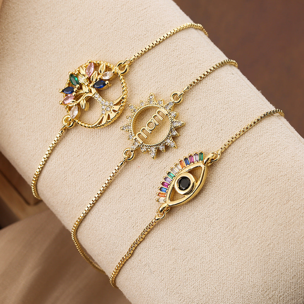 Fashion-Forward Geometric Tree of Life Eye Charm Bracelet for Women in Brass with Real Gold Plating and Micro-Pave Zirconia