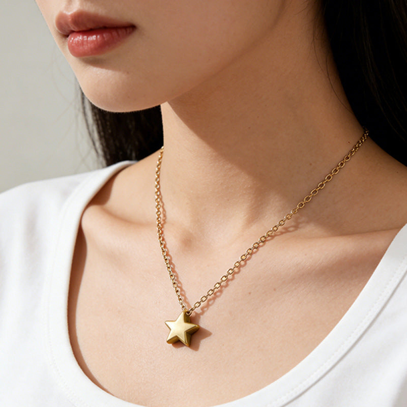 Minimalist Elegant Star Stainless Steel Plated Pendant Necklace and Earring Set with Cable Chain for Women