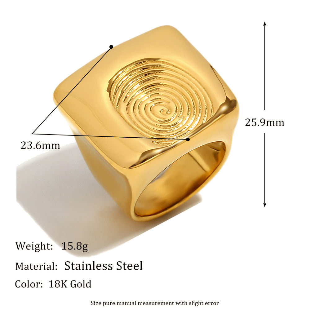 Geometric Square Finger Ring for Women Made of Stainless Steel with 18K Gold Plating, Fashionable Office-Appropriate Design Featuring Unique Fingerprint Detail