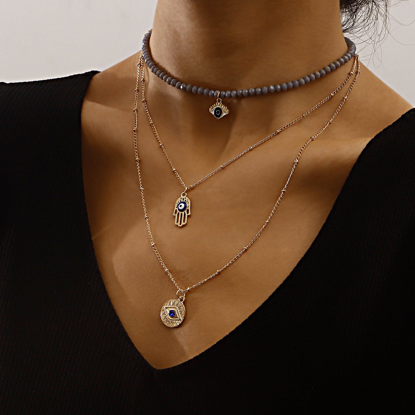 Geometric Blue Evil Eye Pendant Necklace with Rhinestone Inlay and Gold Plated Alloy for Women