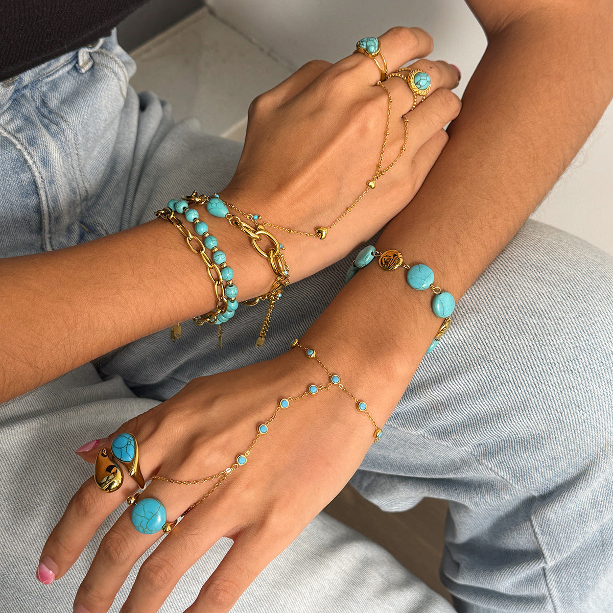 Parure di Bracciale e Anello Geometrici da Donna in Acciaio Inossidabile Placcato, dal Fascino Minimalista e di Lusso