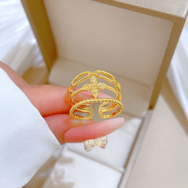 Minimalist Sweet Gold Plated Brass Plant Ring Adjustable Open Band for Couples
