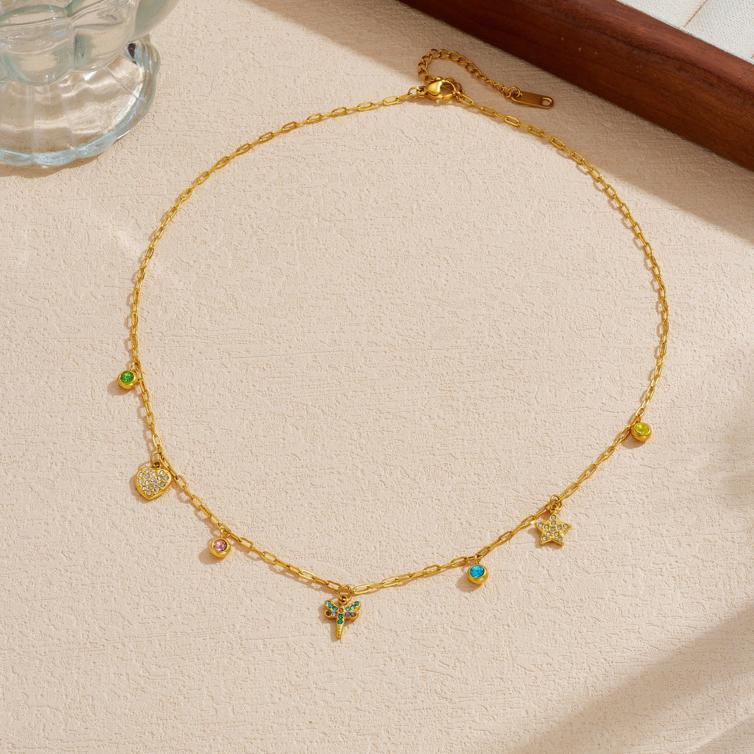 Sweet Gold Plated Stainless Steel Dragonfly Heart Star Necklace with Cubic Zirconia
