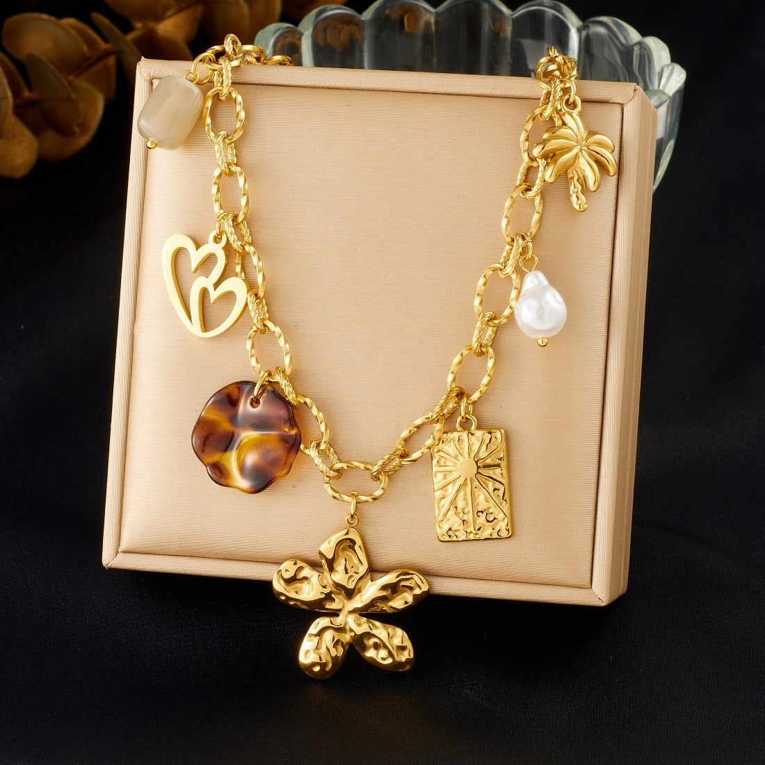 Vintage Gold Plated Stainless Steel Heart Floral Leopard Print Charm Bar Necklace for Women