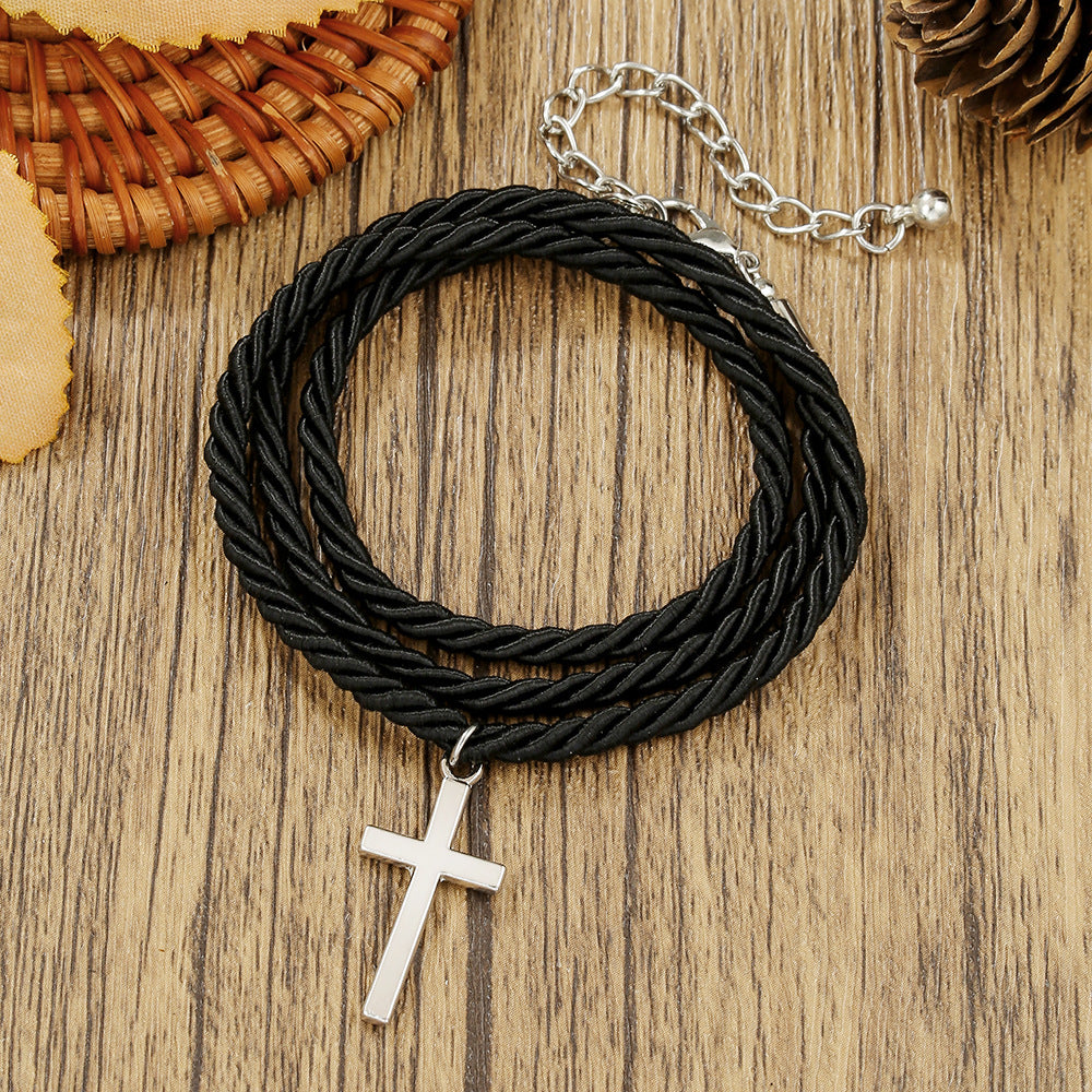 Multi-layer Woven Black Stainless Steel Cross Bracelet Handmade Geometric Jewelry
