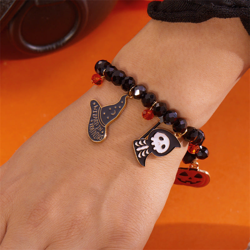 Bracciale con perline a tema Halloween con ciondoli a forma di zucca e fantasma, gioielli fatti a mano in lega con forme geometriche e cristalli per donna
