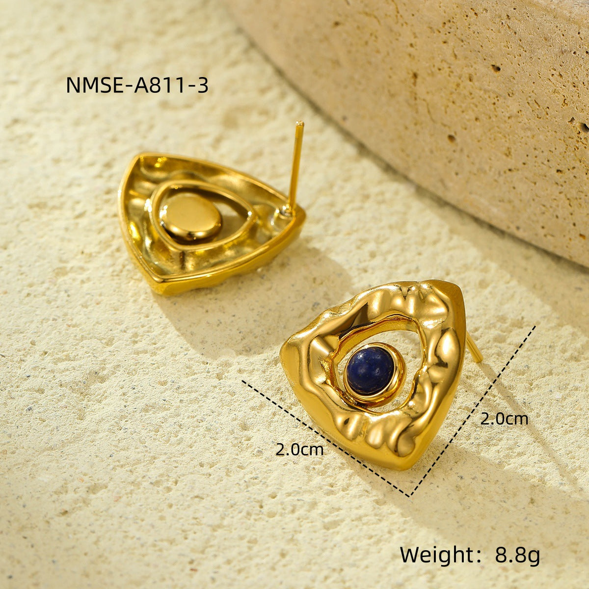 Pendientes de acero inoxidable vintage con diseño de triángulo plegado, chapado en oro de 18 quilates y acentos de piedra natural