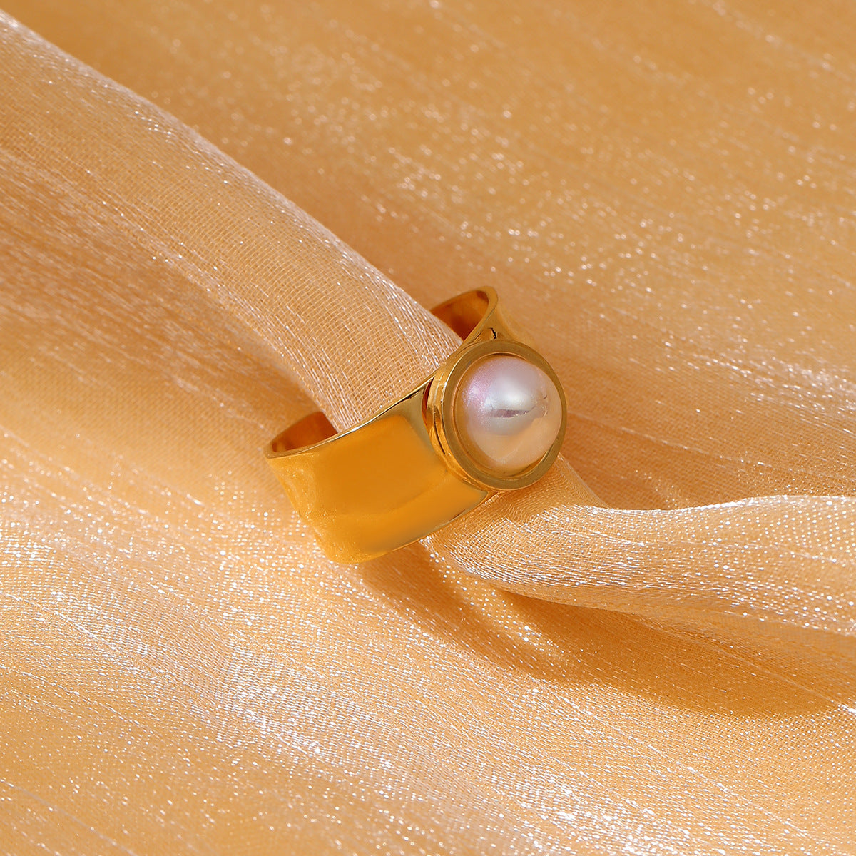 Luxury Style Heart-Shaped Stainless Steel Ring with 18K Gold Plating and Natural Stone Inlay, Pearl Accented Open Band for Women