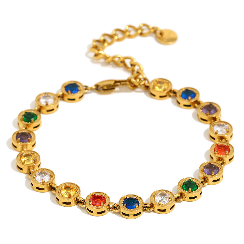 Minimalist Geometric Pendant Necklace and Bracelet Set in Stainless Steel with 18K Gold Plating and White Zircon Accents for Women