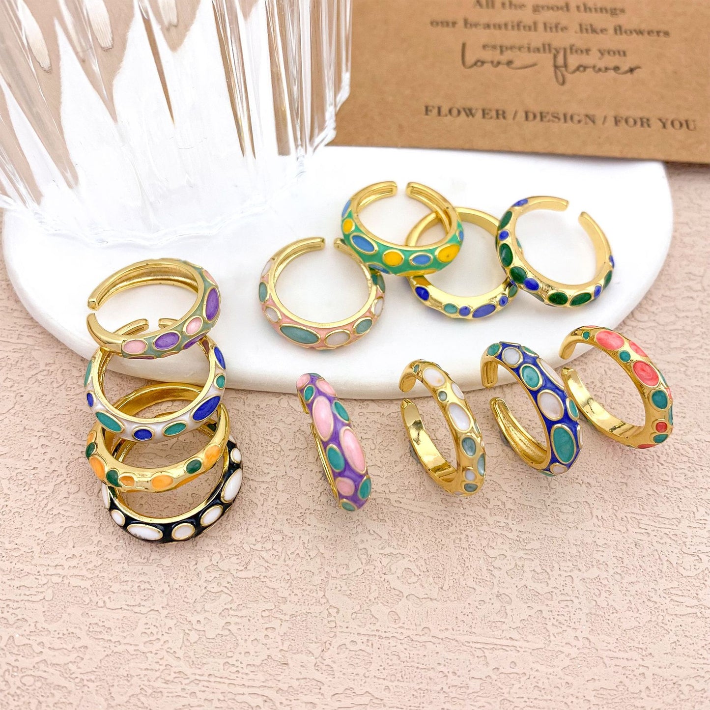 Anello regolabile aperto da donna vintage elegante in lega placcato oro con olio a goccia a pois geometrici