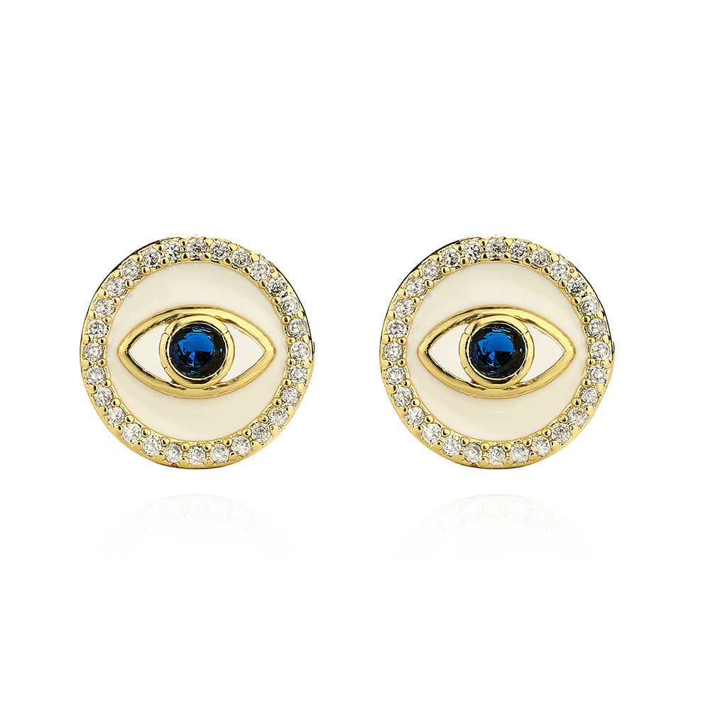 Geometric Demon Eye Earrings for Women with Copper Base Plated in Real Gold and Micro-Paved Zirconia with Enamel Detailing