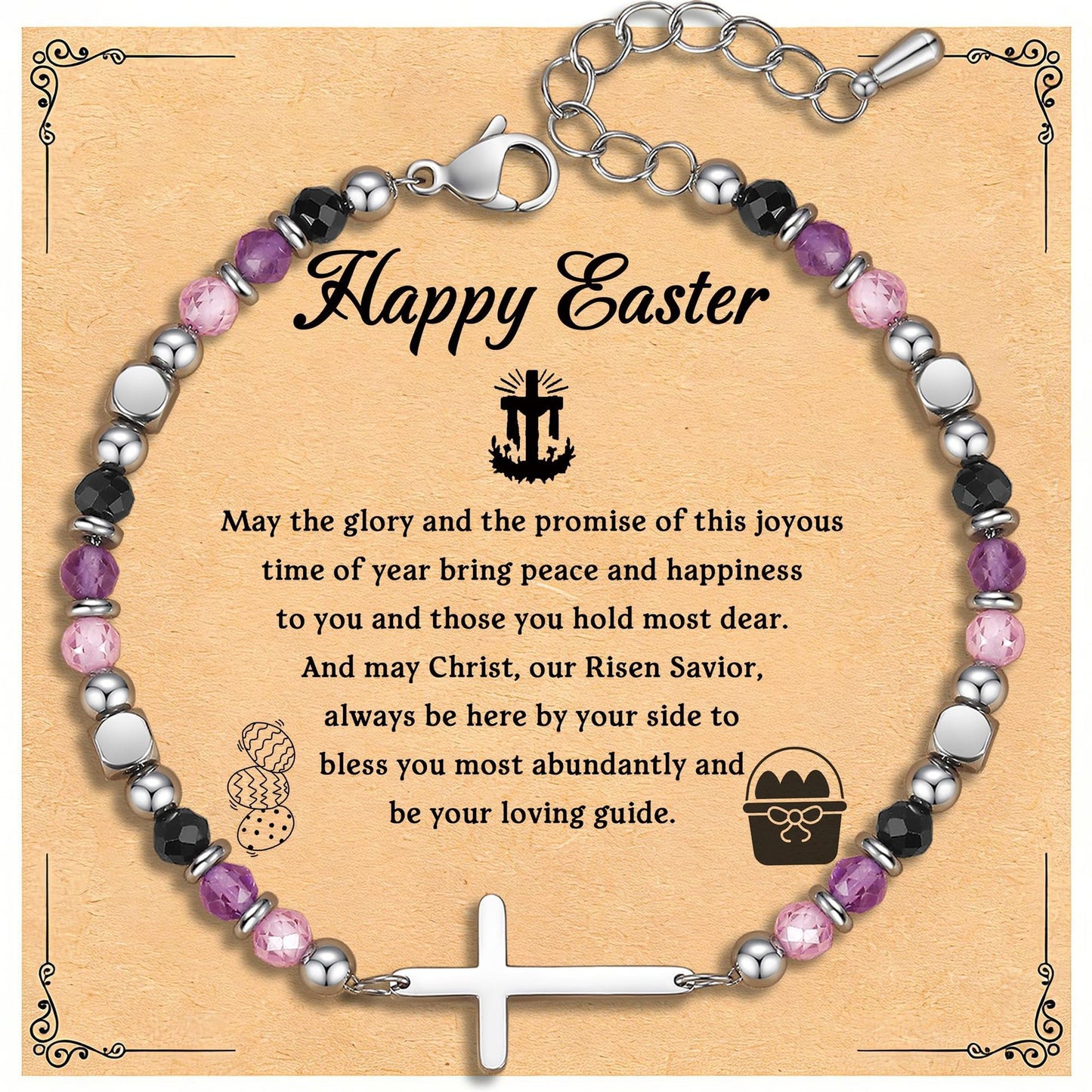 Minimalist Business Geometric Cross Stainless Steel Bracelet with Faceted Amethyst and Rose Quartz Beads Unisex Adjustable