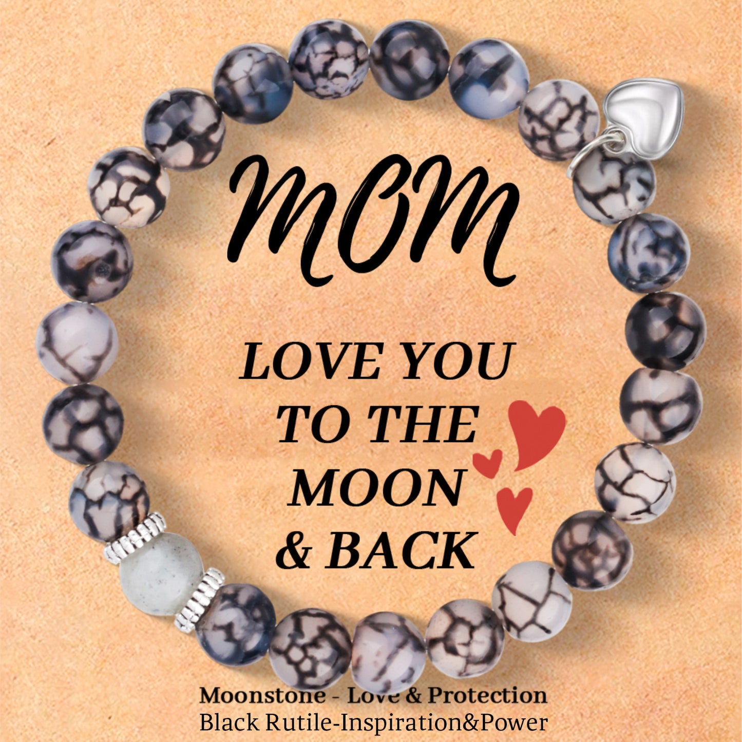 Minimalist Heart Pendant Zebra Agate and Moonstone Elastic Bracelet for Women