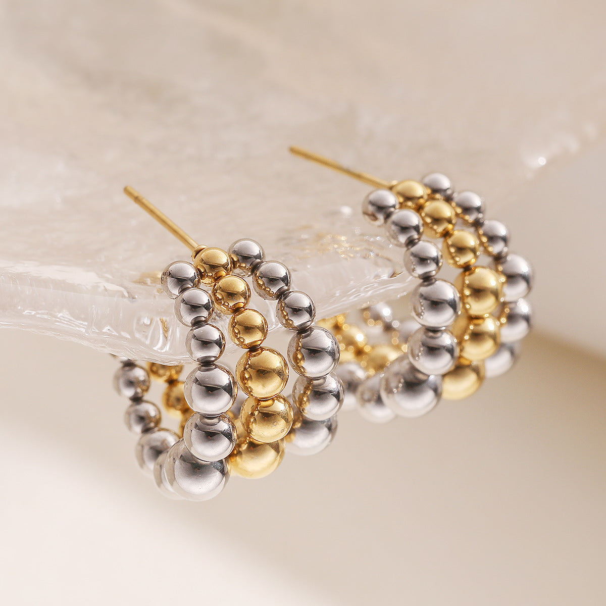 Minimalist Luxe Two-Tone Stainless Steel Beaded Earrings for Women Geometric Irregular Design Electroplated Fashion Everyday Jewelry