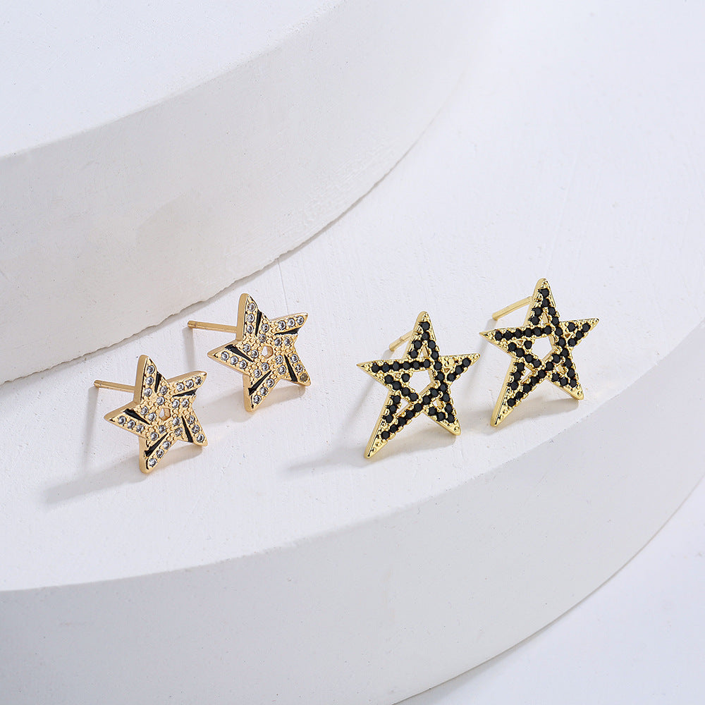 Minimalist Geometric Star Stud Earrings for Women in Copper with 18K Gold Plating and Zircon Inlay