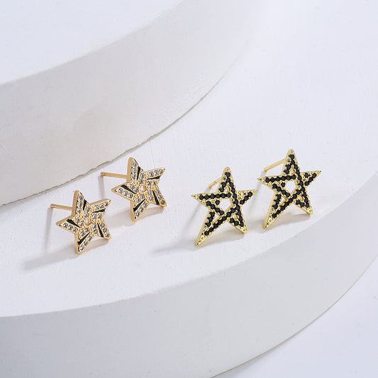 Orecchini a perno a stella geometrici minimalisti da donna in rame con placcatura in oro 18 carati e intarsio di zirconi