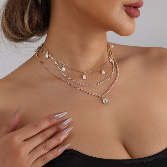 Elegant Multi-Layer Rhinestone and Faux Pearl Teardrop Heart Geometric Alloy Necklace for Women