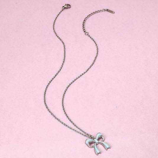 Sweet PVD Stainless Steel Necklace with Alloy Drip Oil Bow Pendant
