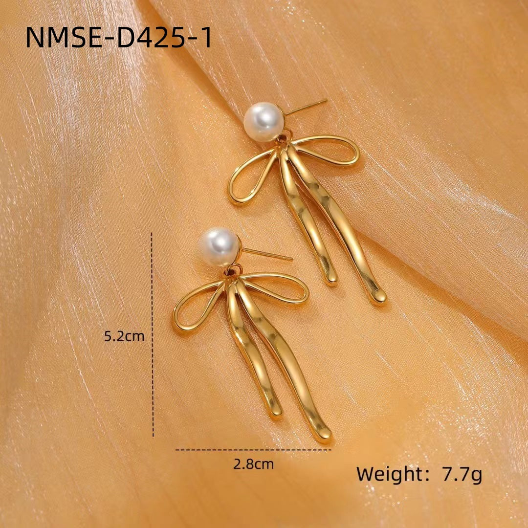 Minimalist Pearl Bow Titanium Steel Stud Earrings for Women with Plated Finish