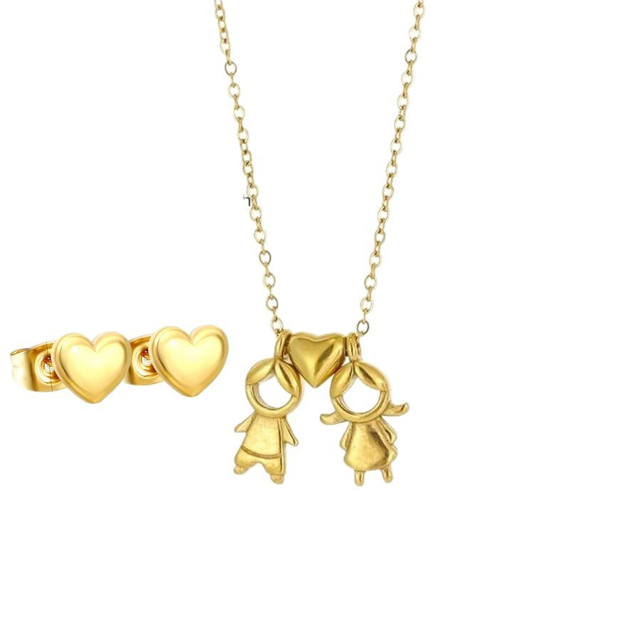 Elegant Heart Teardrop Stainless Steel Plated Titanium Steel Pendant Necklace and Earring Set with Curb Chain for Unisex